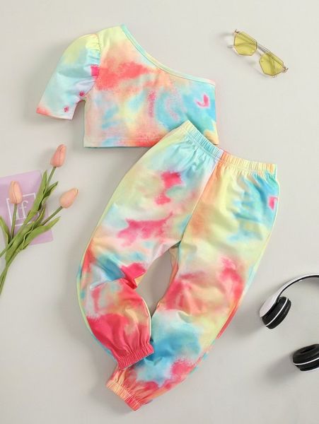 

toddler girls tie dye one shoulder & sweatpants she, White