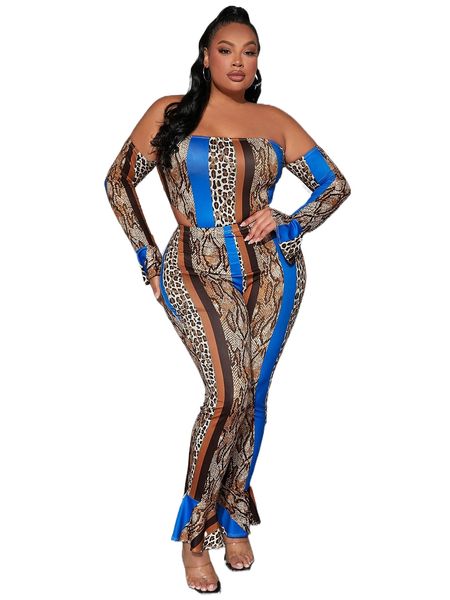 

sxy plus leopard print off shoulder & ruffle hem pants a0ci#, Black