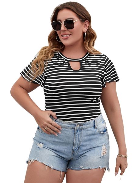 

plus striped butterfly sleeve keyhole neck tee y5sk#, Black