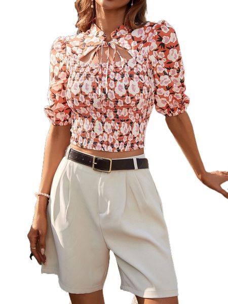 

allover floral print cut out tie front shirred blouse f1yl#, White