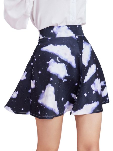 

romwe clouds print flare skirt u4z7#, Black