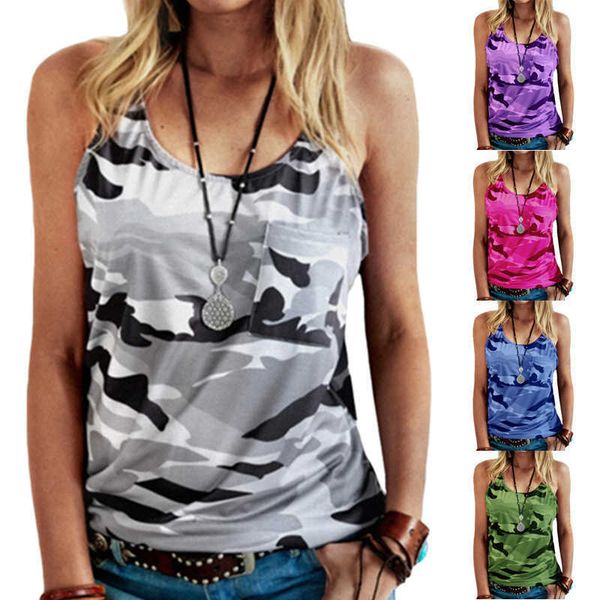 

2022 spring and summer new women's casual sleeveless camouflage t-shirt vest top, White