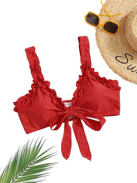 

plus frill trim knot front bikini 42k3#, Black