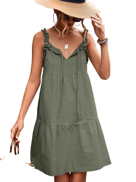 

frill trim tie front ruffle hem cami dress j3uk#, Black;gray