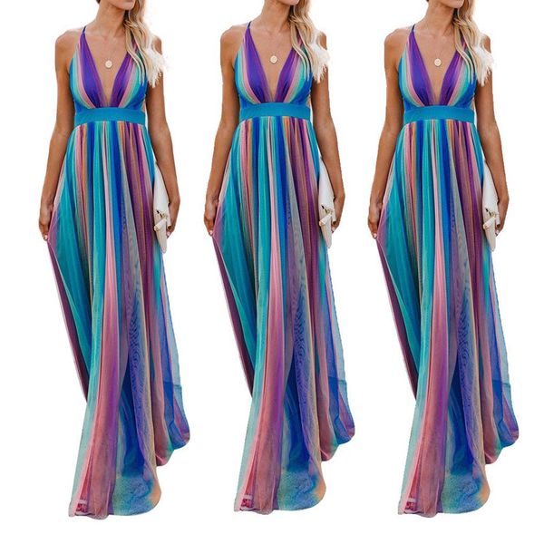 Vestido comprido feminino de verão Sexy Deep V Rainbow Blue impresso Mesh Suspender Dress Dress Vestidos Largos Designer elegantes Plus Tamanho Mulheres roupas femininas