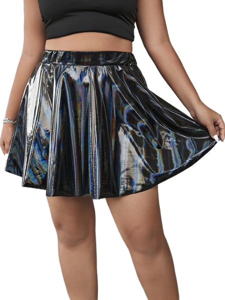 

plus holographic pu leather flare skirt q1iv#, Black