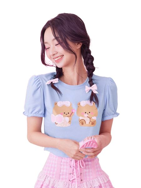 

romwe x cherriescharm kawaii cartoon graphic puff sleeve tee p1hz#, White