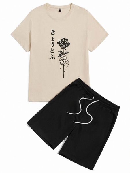 

men floral & japanese letter graphic tee & drawstring waist shorts q2bt#, Gray