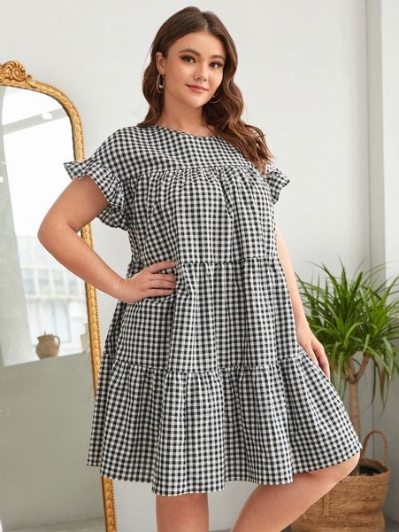 

plus gingham flounce cuff ruffle hem smock dress j33q#, Black