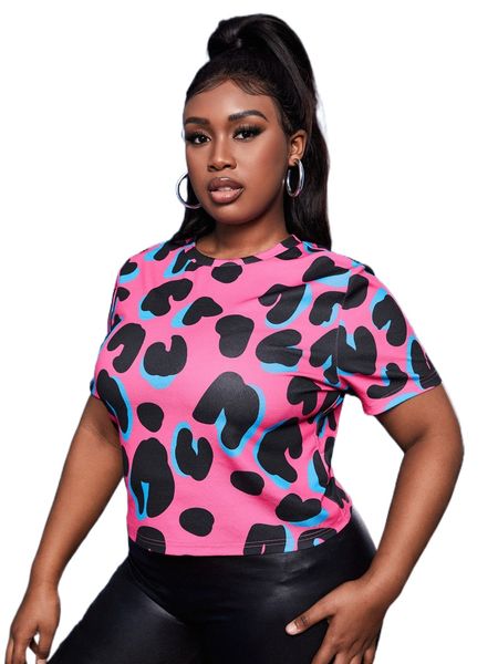 

sxy plus leopard print round neck tee g0fi#, Black