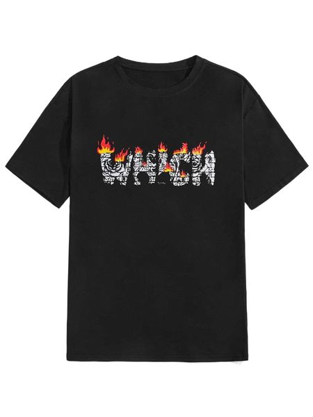 

romwe guys fire letter graphic oversized tee w6so#, White;black