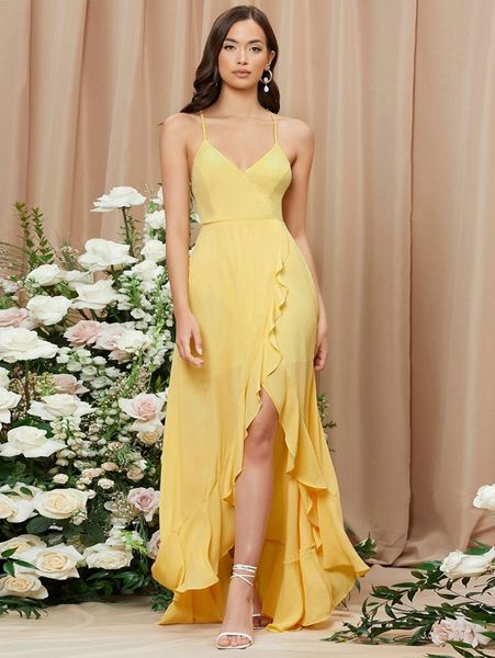 

ruffle trim lace up backless asymmetrical hem cami dress h9f3#, Black;gray