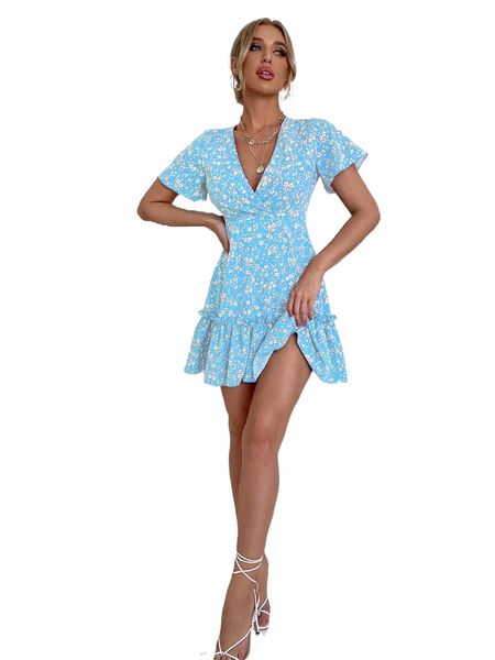 

frill ruffle hem ditsy floral print dress 38aq#, Black;gray