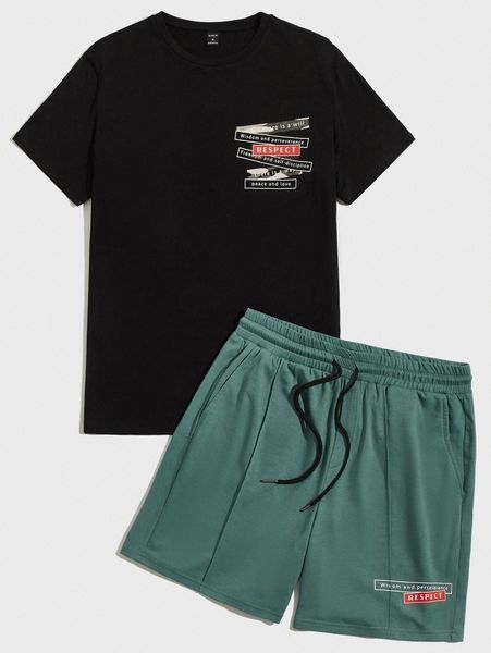 

men letter graphic tee & drawstring waist track shorts set 94xv#, Gray