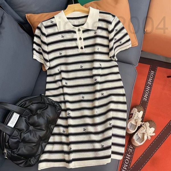 

casual dresses designer summer new polo collar ice silk knitted dress loose fashion stripe hollow embroidered skirt light luxury net red 7ct, Black;gray