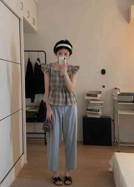 

women's two piece pants summer south korea dongdamen square neck feifei sleeve plaid shirt high waist straight tube casual pants cover, White