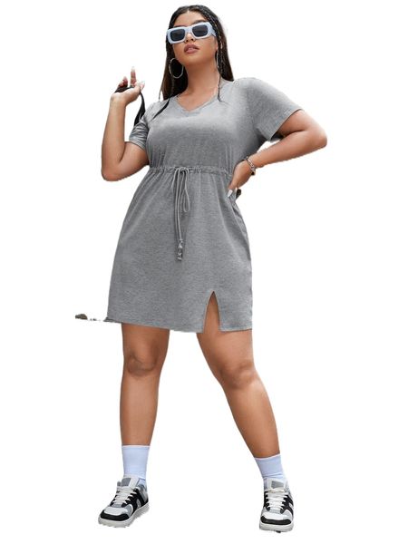 

plus drawstring waist split hem tee dress d3v4#, Black