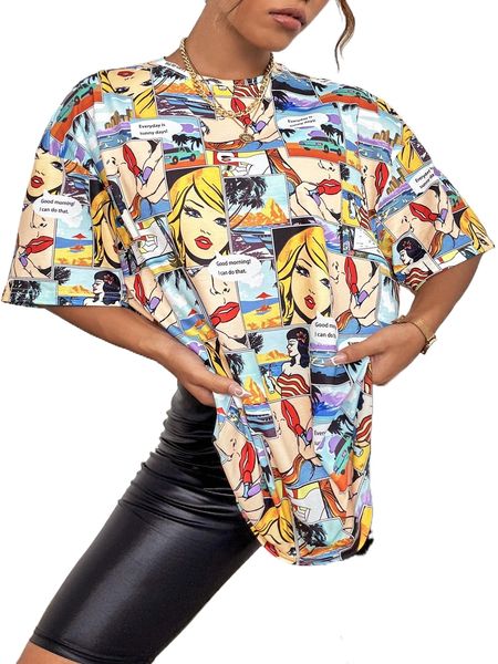 

pop art print drop shoulder tee f67v#, White