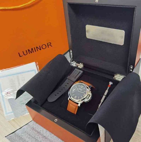 

super factory watch 44mm black face orange dial strap p 111 mechanical hand-winding movement fashion mens watches with original box, Slivery;brown