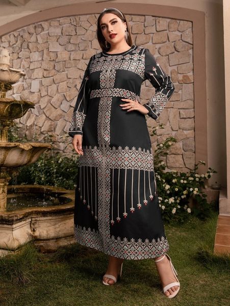

plus scroll print tunic dress e7ds#, Black