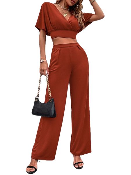 

solid surplice neck batwing sleeve & pants t8zb#, White