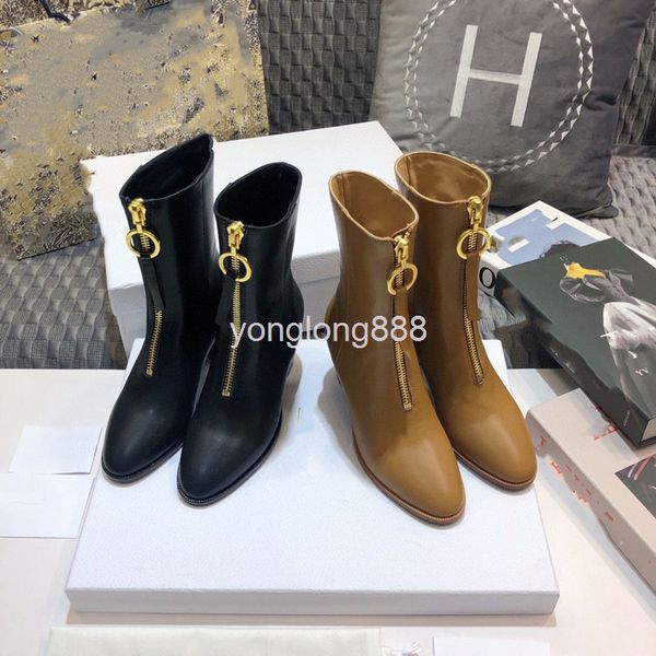 

boots high end quality autumn and winter thick high heels short women's boots front zipper metal round buckle middle barrel martin, Black