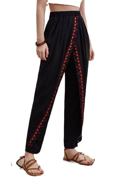 

elastic waist geo embroidered carrot pants c0pk#, Black;white