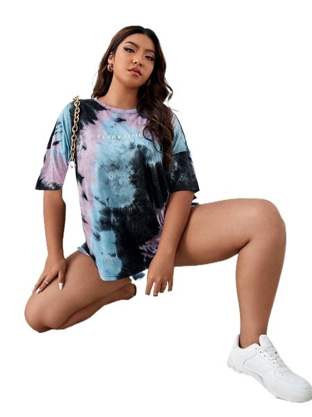 

plus tie dye & slogan graphic drop shoulder tee 09u5#, Black