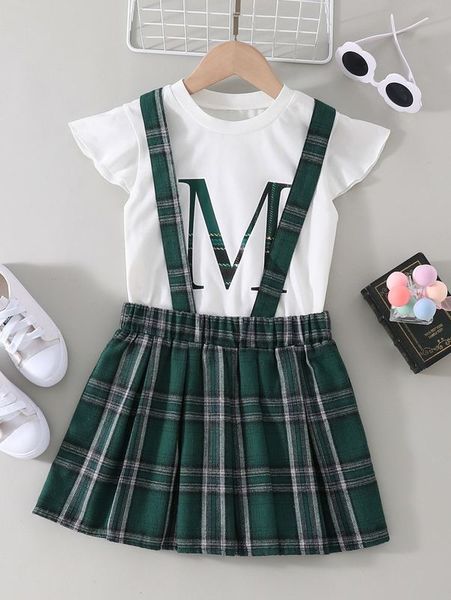 

girls letter graphic ruffle sleeve & plaid pinafore skirt she, White