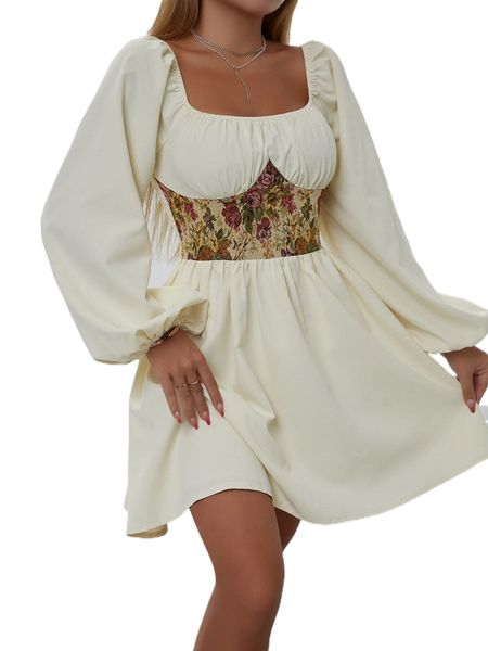 

floral print ruched bust shirred back bishop sleeve dress y7wp#, Black;gray