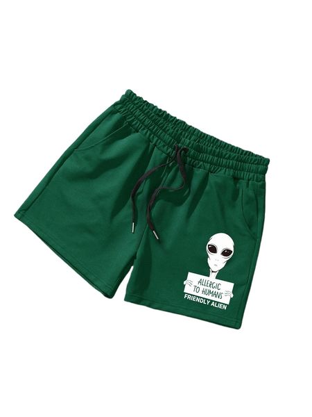 

men alien & letter graphic drawstring waist shorts f567#, White;black