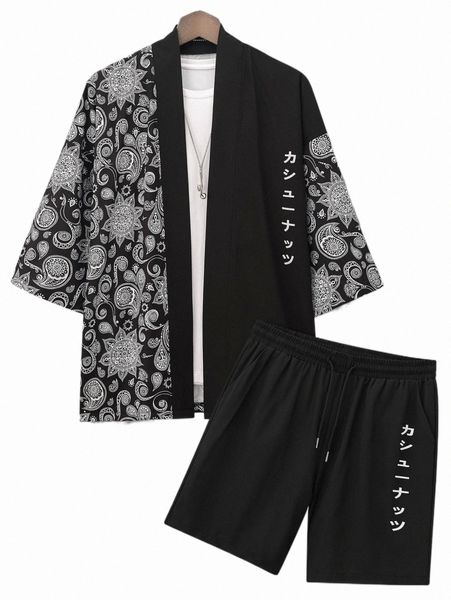 

men paisley print kimono & japanese letter graphic shorts without tee k1ug#, Gray