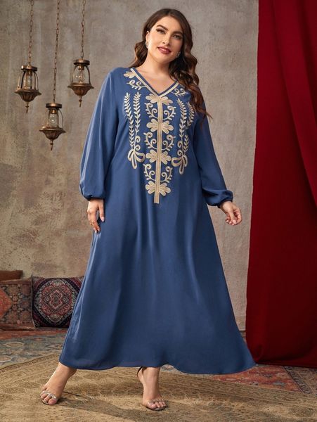 

plus leaf embroidery contrast tape lantern sleeve dress v0hc#, Black