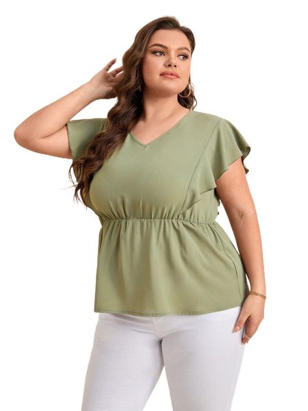 

emery rose plus solid ruffle trim blouse m9g5#, Black