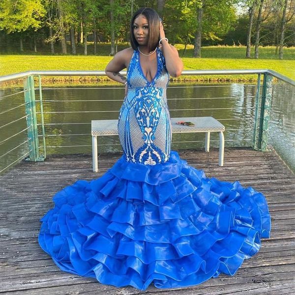 

royal blue mermaid prom dresses lace halter v neck appliqued tiered evening gowns organza sweep train plus size formal wear, Black