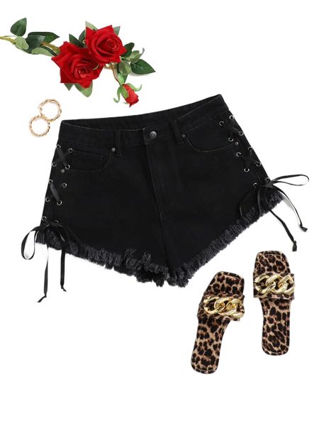 

grommet eyelet lace up side raw hem denim shorts g9jp#, White;black