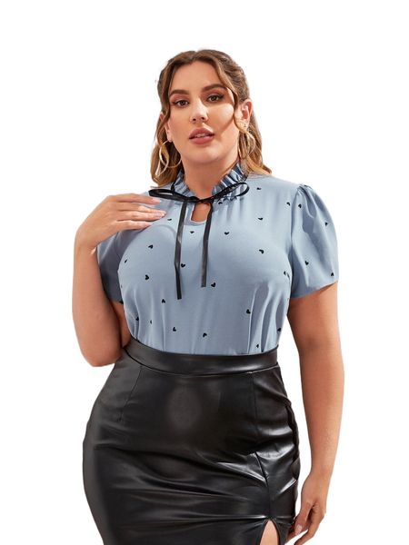 

plus heart print ruffle trim tie neck blouse w9xu#, Black