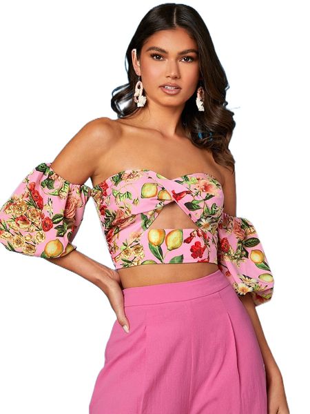 

floral & fruit print cut out off shoulder blouse r91d#, White