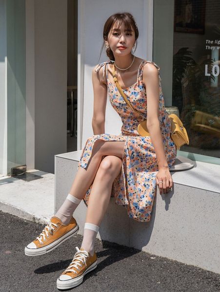 

dazy allover floral print split hem cami dress u59s#, Black;gray