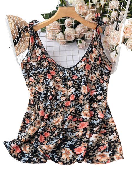 

plus allover floral print tie shoulder blouse e5su#, Black