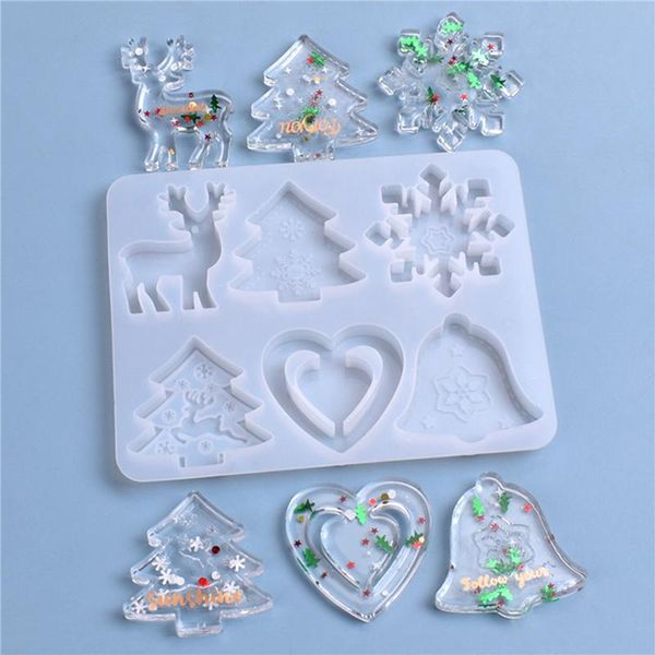 Decorazione per feste 6 in 1 Stampi in gel di silice Albero di Natale Fiocco di neve Alce Amore Portachiavi Ciondolo Stampo in silicone Decorazioni in resina per la casa