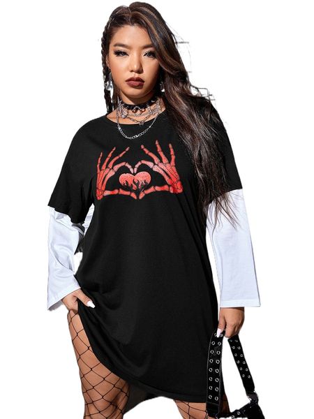 

plus skeleton hand and heart print 2 in 1 tee dress d6pk#, Black
