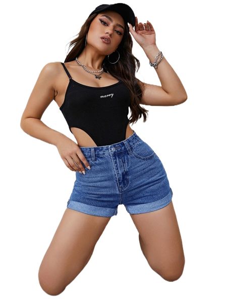 

high waist roll up hem denim shorts r6oe#, White;black