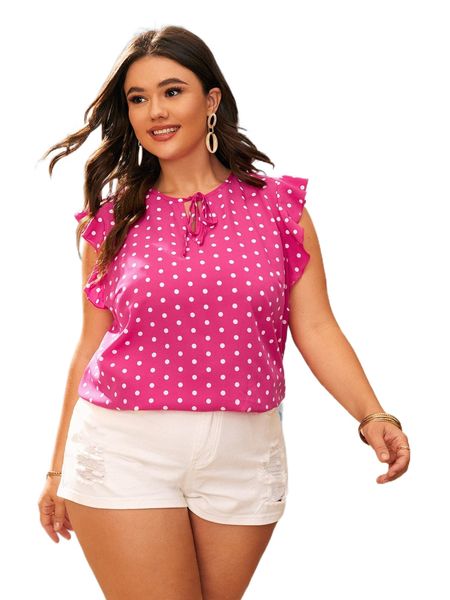 

plus polka dot print tie neck butterfly sleeve blouse b7sx#, Black