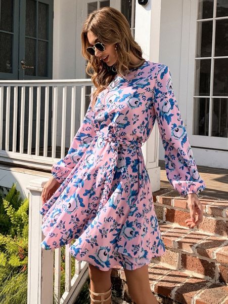 

missord floral print lantern sleeve belted dress 25oi#, Black;gray