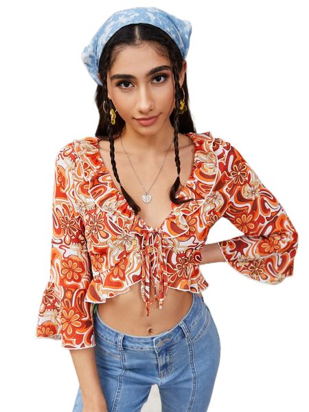 

mod floral flounce sleeve knot front n3ig#, White