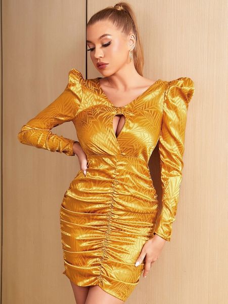 

adyce leaf jacquard cut out gigot sleeve ruched satin dress d0wn#, Black;gray