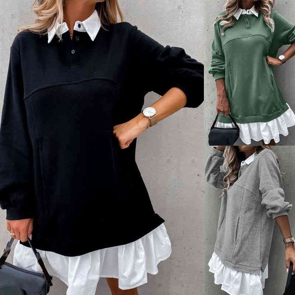 

casual dresses color matching pocket button sweater long sleeve dress in autumn and winter 8rwv, Black;gray