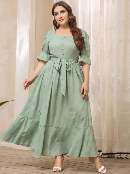 

plus half button plants print belted dress k4ud#, Black