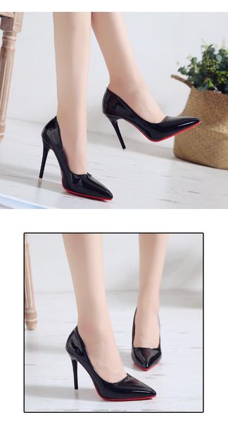 

dress shoes nude color high heels fashion 10cm thin pumps patent leather red sole single wedding banquet woman, Black
